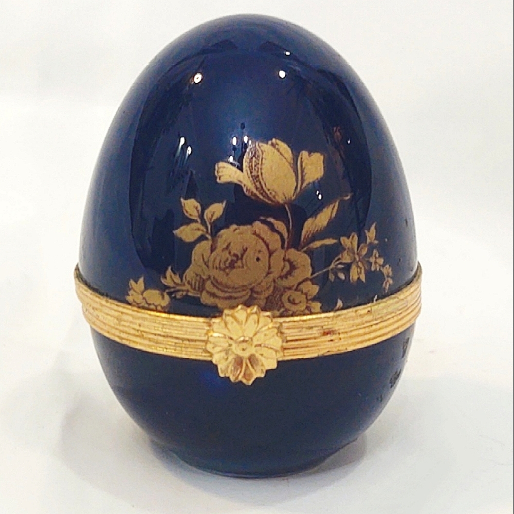 Vintage Limoges Cobalt Blue & Gold Porcelain Topped Trinket/Pill Box Egg